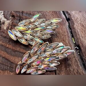Costume Angel Wings AB Earrings Climbers Gold Tone Aurora Borealis Marquise 2”